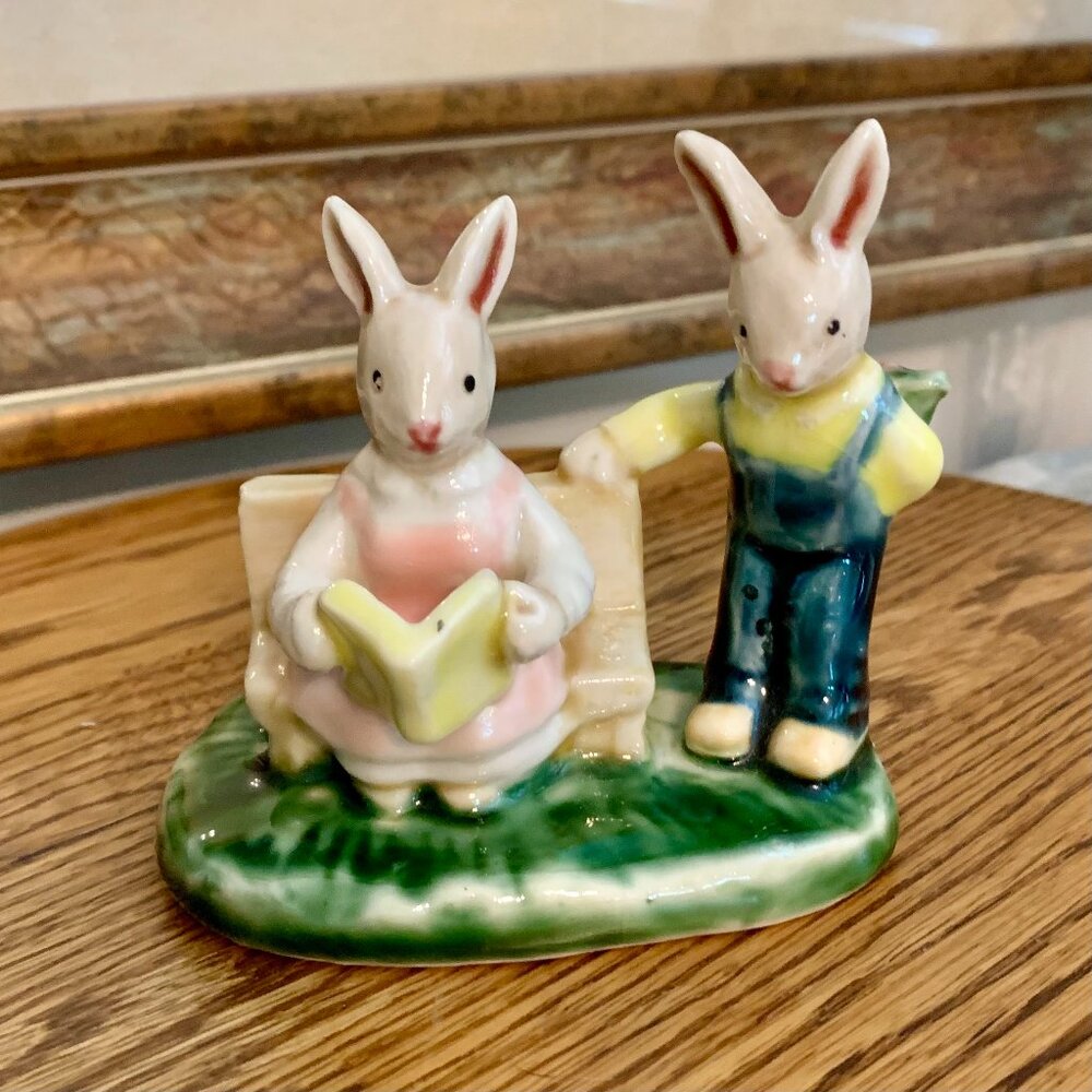 Bunny Reading Couple Figurine Vintage Hand Painted Ceramic Anthropomorphic